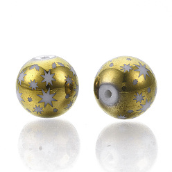 Golden Plated Christmas Electroplate Glass Beads, Round with Star Pattern, Golden Plated, 10mm, Hole: 1.2mm