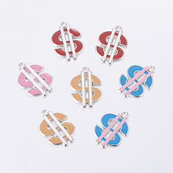 Mixed Color Alloy Enamel Pendants, Lead Free and Cadmium Free, Currency Symbol, Platinum Color, Mixed Color, 25x18x2mm, Hole: 2mm