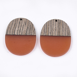 Coral Resin & Wenge Wood Pendants, Oval, Coral, 44.5x34.5~35.5x3~4mm, Hole: 2mm