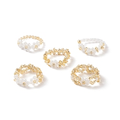 Gold 5Pcs 5 Style Glass Seed Braided Flower Stretch Rings for Women, Gold, US Size 7 3/4(17.9mm), 1Pc/style