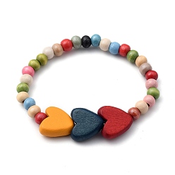 Coloré Bracelets d'enfants, bracelets extensibles en bois naturel, cœur, colorées, diamètre intérieur: 2 pouce (5.1 cm)