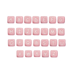 Pink 26Pcs 26 Style Silicone Alphabet Beads for Bracelet or Necklace Making, Letter Style, Cube, Pink, 12x12x12mm, Hole: 3mm, 1pc/style