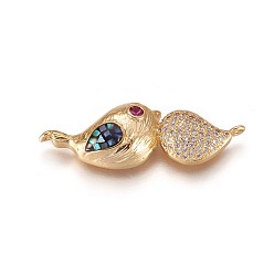 Golden Brass Micro Pave Cubic Zirconia Links, with Abalone Shell/Paua Shell, Bird, Colorful, Golden, 12x34x6.8mm, Hole: 1.2mm