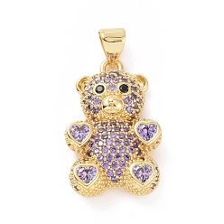 Lilac Brass Cubic Zirconia Pendants, Golden, Bear with Heart Charm, Lilac, 23x15x4mm, Hole: 4X5mm