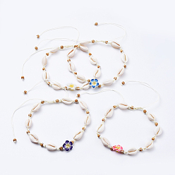Mixed Color Adjustable Nylon Thread Braided Bead Necklaces, with Cowrie Shell Beads, Wood Beads and Polymer Clay 3D Flower Plumeria Beads, Mixed Color, 13.7~25.1 inch(35~64cm)