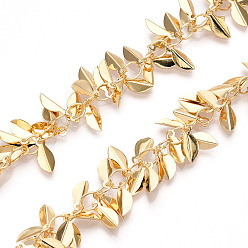 Real 18K Gold Plated Handmade Brass Chains, Soldered, with Leaf Charms, Real 18K Gold Plated, 9x3.7x1.2mm