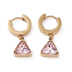 Pink Cubic Zirconia Triangle Dangle Hoop Earrings, Golden 304 Stainless Steel Jewelry for Women, Pink, 27mm, Pin: 1mm