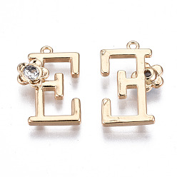 Letter E Brass Pendants, with Rhinestones, Alphabet, Golden, Letter.E, 17x11x2.5mm, Hole: 1mm