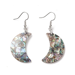 Platinum Abalone Shell/Paua Shell Dangle Earrings, with Brass Findings, Moon, Platinum, 53mm, Pin: 0.7mm