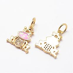 Pink Brass Micro Pave Cubic Zirconia Pendant, with Synthetic Opal, Frog, Golden, Pink, 16x14x2mm, Hole: 4.5mm