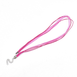 Deep Pink Waxed Cord and Organza Ribbon Necklace Making, with Iron Lobster Claw Clasps, Platinum, Deep Pink, 17.6 inch~17.8 inch(45~455cm), 7mm
