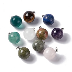 Смешанные камни Природные и синтетические смешанные подвески драгоценных камней, с латунной фурнитурой платинового цвета, круглый шарм, 22x18 мм, отверстие : 3x6 мм