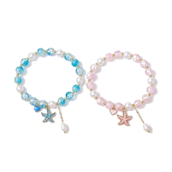 Mixed Color 2Pcs 2 Color Glass Round Beaded Stretch Bracelets Set, with Alloy Enamel Heart & Starfish Charms, Mixed Color, Inner Diameter: 2-1/8 inch(5.5cm), 1Pc/color