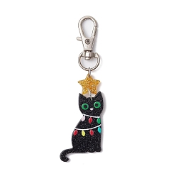 Negro Decoración colgante de acrílico con tema navideño, con broches de la aleación de la garra giratoria de langosta, forma de gato, negro, 83 mm