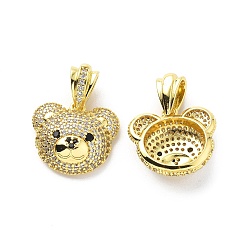 Real 18K Gold Plated Clear & Black Cubic Zirconia Pendants, with Brass Findings, Bear Head Charm, Real 18K Gold Plated, 16x17.5x6.5mm, Hole: 3.5x6.5mm