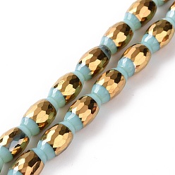 Light Blue Electroplated Glass Beads Strands, Faceted, Half Golden Plated, Rice, Light Blue, 10x6mm, Hole: 1.2mm, about 39pcs/strand, 15.75''(40cm)