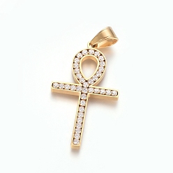 Golden Ion Plating(IP) 304 Stainless Steel Pendants, with Crystal Rhinestone, Religion, Ankh Cross, Golden, 44.5x25x3.5mm, Hole: 5.5x7.5mm
