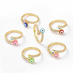 Mixed Color Enamel Evil Eye Open Cuff Ring with Clear Cubic Zirconia, Gold Plated Brass Jewelry for Women, Cadmium Free & Lead Free, Mixed Color, US Size 8 3/4(18.7mm)