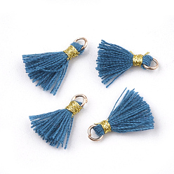 Steel Blue Polycotton(Polyester Cotton) Tassel Pendant Decorations, Mini Tassel, with Iron Findings and Metallic Cord, Light Gold, Steel Blue, 10~15x2~3mm, Hole: 1.5mm