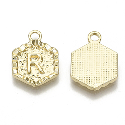 Letter R Alloy Pendants, Cadmium Free & Nickel Free & Lead Free, Hexagon with Letter, Real 18K Gold Plated, Letter.R, 17.5x13x2mm, Hole: 2mm