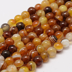 Saddle Brown Natural Striped Agate/Banded Agate Bead Strands, Round, Dyed & Heated, Saddle Brown, 8mm, Hole: 1mm, about 47~48pcs/strand, 14.5 inch