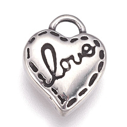 Antique Silver 304 Stainless Steel Pendants, Heart with Word Love, For Valentine's Day, Antique Silver, 13x11x3.5mm, Hole: 3x2mm