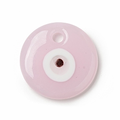 Perlas de Color Rosa Colgantes hechos a mano del lampwork del ojo malvado, encantos planas redondas, rosa perla, 30x5.5 mm, agujero: 4 mm