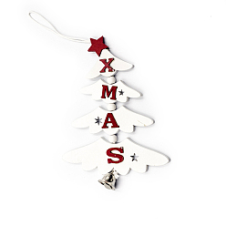 Blanco Árbol de navidad con palabra navidad creativo campana de madera puerta decoraciones colgantes, para adornos navideños, blanco, 150x105 mm