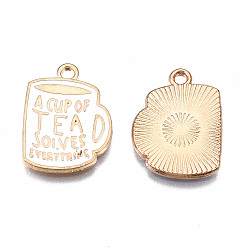 White Eco-Friendly Alloy Enamel Pendants, Cadmium Free & Lead Free & Nickel Free, Light Gold, Cup with Phrase A CUP OF TEA SOLVES EVERYTHING, White, 20x15x1.5mm, Hole: 1.6mm