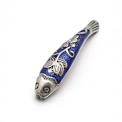 Blue Antique Silver Brass Enamel Fish Beads, Lead Free & Cadmium Free, Blue, 37.5x8x4mm, Hole: 2mm