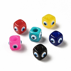 Mixed Color Resin Evil Eye European Beads, Large Hole Bead, Cube, Mixed Color, 12.5x14~14.5x14~14.5mm, Hole: 6mm