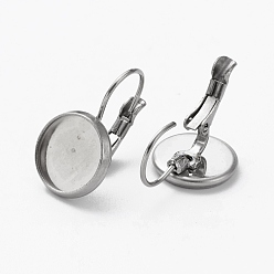 Stainless Steel Color 304 Stainless Steel Leverback Earring Findings, with Flat Round Setting for Cabochon, Stainless Steel Color, 19x11.5mm, Pin: 0.7mm, Tray: 10mm