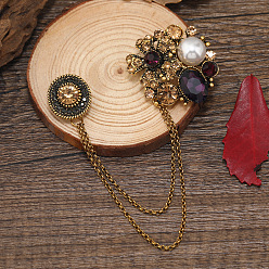 Purple Creative Camellia Retro Alloy Hanging Chain Brooch, Rhinestone Jewelry for Men's Suit Collar Accessory, Purple, 100mm