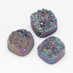Plateado Púrpura Galvanizadas druzy natural de cristal de cuarzo, plaza, púrpura chapado, 14x14x8~10 mm, agujero: 1.5 mm