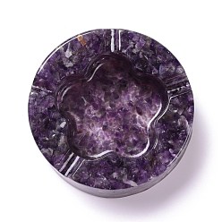 Amethyst Resin with Natural Amethyst Chip Stones Ashtray, Home OFFice Tabletop Decoration, Flat Round with Flower, 104x32mm, Inner Diameter: 61x68mm