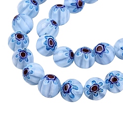 Light Sky Blue Handmade Millefiori Glass Beads Strands, Round with Flower Pattern, Light Sky Blue, 10mm, Hole: 1.2mm, about 36~38pcs/strand, 13.78 inch~14.88 inch(35cm~37.8cm)