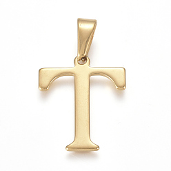 Letter T 304 Stainless Steel Pendants, Golden, Initial Letter.T, 26x22x1.5mm, Hole: 3.5x10mm
