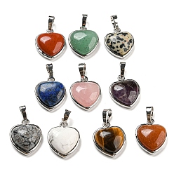 Mixed Stone Natural & Synthetic Mixed Gemstone Pendants, Heart Charms with Platinum Plated Brass Snap on Bails, 20.5x17.5x7mm, Hole: 4x8mm