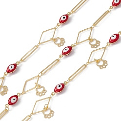 FireBrick Enamel Horse Eye & Oval & Rhombus Link Chains, with Brass Paw Print Chamrs, Real 18K Gold Plated, Soldered, with Spools, FireBrick, 15x2.5x0.7mm, 16x9x0.9mm, 13x5x4.3mm