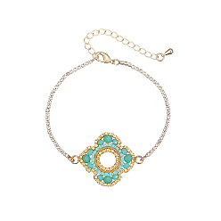 Turquoise Bracelet à maillons de fleurs en perles de verre avec chaînes en acier inoxydable doré, turquoise, 6-3/4 pouce (17 cm)