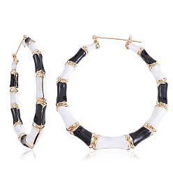 Black Enamel Bamboo Big Hoop Earrings, Gold Plated Alloy Jewelry for Women, Black, 73mm, Pin: 0.8mm