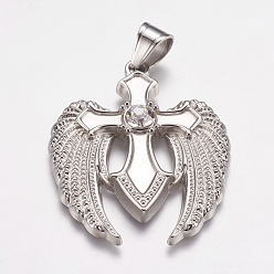 Stainless Steel Color 304 Stainless Steel Pendants, with Rhinestone, Wing with Cross, Stainless Steel Color, 39x49x5mm, Hole: 7x9mm