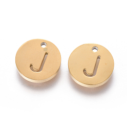 Letter J 304 Stainless Steel Charms, Ion Plating (IP), Flat Round, Letter.J, 10x1.5mm, Hole: 1mm