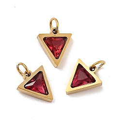 Crimson Vacuum Plating 304 Stainless Steel Pendants, with Cubic Zirconia and Jump Rings, Single Stone Charms, Triangle, Golden, Crimson, 11x9.5x3mm, Hole: 3.6mm