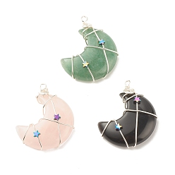 Silver Natural & Synthetic Gemstone Pendants, with Copper Wire and Rainbow Color Star Brass Beads, Moon, Silver, 41.5~43.5x34.5~35x8.5~11mm, Hole: 3~3.5mm