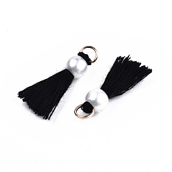 Black Polycotton(Polyester Cotton) Tassel Pendant Decorations, Mini Tassel, with Golden Tone Iron Findings and ABS Plastic Imitation Pearl, Black, 23mm, Jump ring: 5x0.8mm, 3.4mm inner diameter