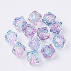 Pink Perles acryliques peintes par pulvérisation transparente deux tons, polygone, rose, 7.5x8x8mm, trou: 1.8 mm, environ 1690 pcs / 500 g
