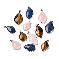 Mixed Stone Natural Mixed Gemstone Pendants, Leaf Charms, with Rack Plating Platinum Plated Brass Findings, Cadmium Free & Lead Free, 35.5~46.5x22~27x6.5~8.5mm, Hole: 5.4x4mm