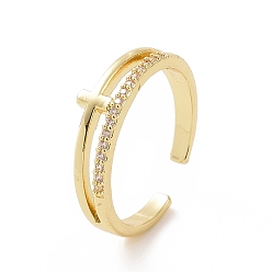 Golden Clear Cubic Zirconia Cross Open Cuff Ring, Brass Jewelry for Women, Golden, Inner Diameter: 17.8mm