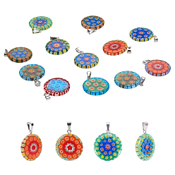 Mixed Color Handmade Millefiori Lampwork Pendants, with 304 Stainless Steel Findings, Flat Round, Stainless Steel Color, Mixed Color, 23x20x3~3.5mm, Hole: 2.5x5mm
